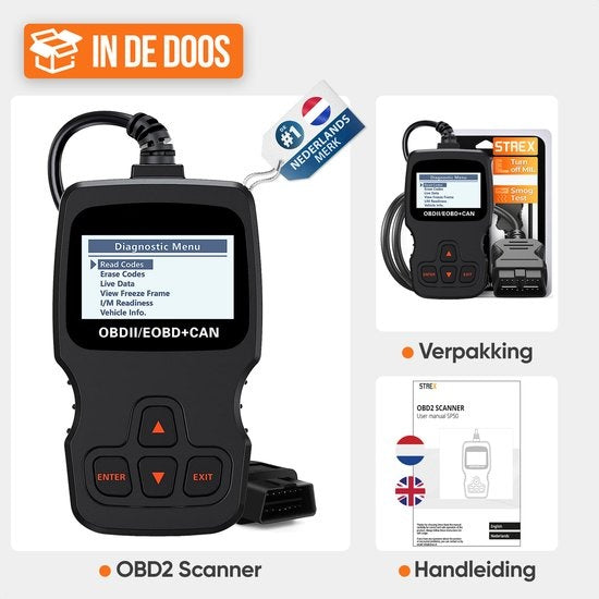Strex OBD Scanner - OBD2 - Lecture de la voiture - Suppression des défauts - Langue NL - Scanner de voiture - Equipement de diagnostic pour voitures - Défauts du moteur