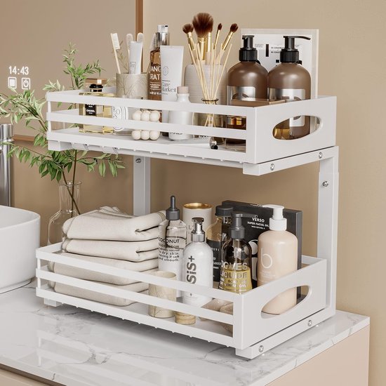 Posity Rangement pour armoire de cuisine - Rangement pour évier - Rangement pour comptoir - Support de rangement - Rangement pour salle de bain - Support de cuisine - Extensible - Métal - Blanc