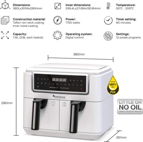TurboTronic AF118 Double Airfryer XXL - Friteuse digitale à air chaud - Double panier - 7.6L - 2x 3.8L - 12 programmes - Ecran tactile - Blanc