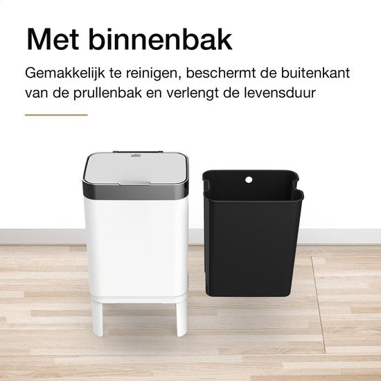 Loftey Trashcan 60 Liter - Push/touch Waste Bin - Duo Waste Bin with Inner Bin - Garbage Can 2 Compartments - Waste Separation 2x30L - Kitchen - White/RVS