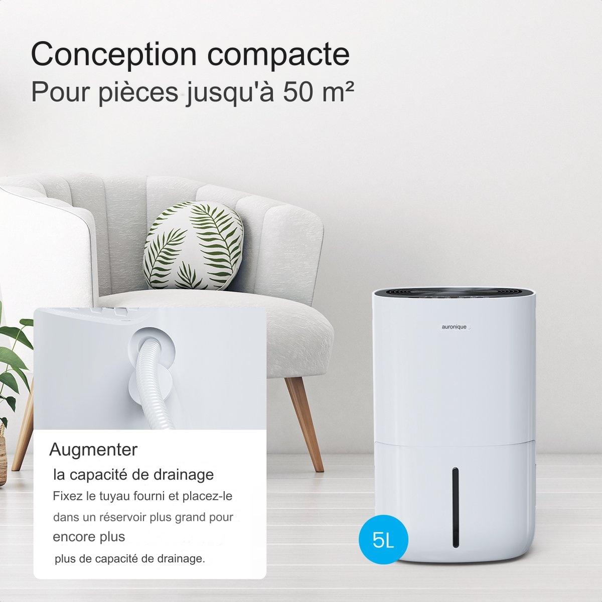 Déshumidificateur 2-en-1 – Auronic – Purificateur d’air – 60 m² – Réservoir 5 L – Affichage intuitif – Tuyau d’évacuation inclus - blanc