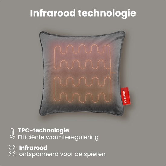 Auronic Heat Pillow - Velvet - 45x45 - Sans fil - Rechargeable - Oreiller électrique - Infrarouge - Gris