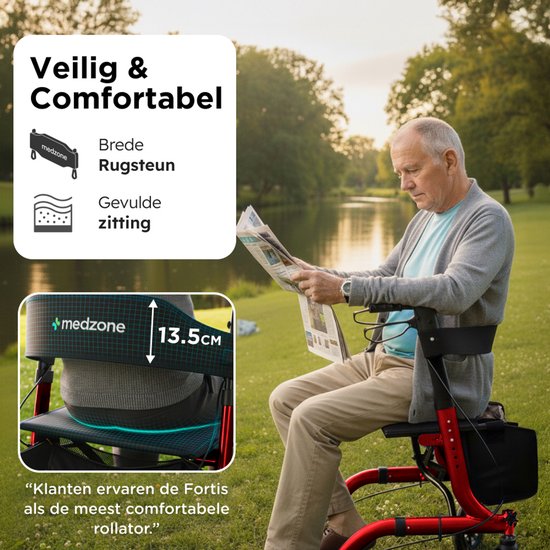 Déambulateur Medzone léger et pliable - Fonction assise - Intérieur et extérieur - Dossier et support de canne - Champagne - Rouge