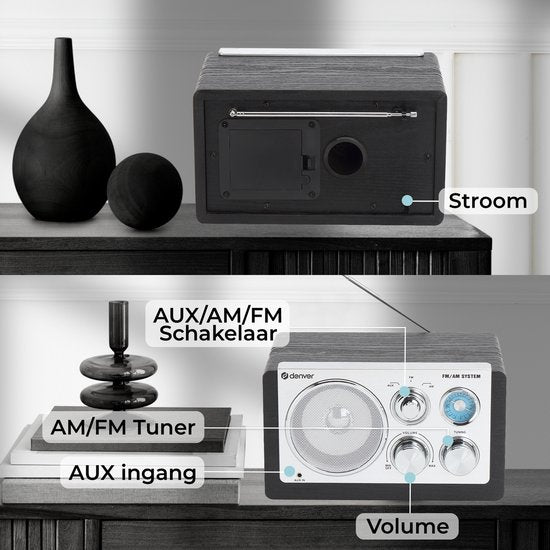 Denver Radio FM portable - Rétro - Alimentation par piles ou secteur - Radio de cuisine - AM - FM - TR63 - Noir