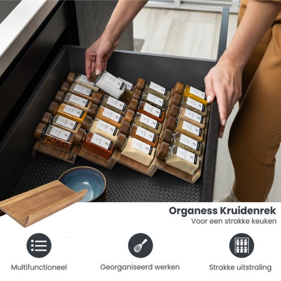 Porte-épices Organess avec 28 pots à épices - Tiroir à épices - Organisateur d'épices - Organisateur de tiroirs de cuisine - Ensemble complet - 4 pièces - Acacia