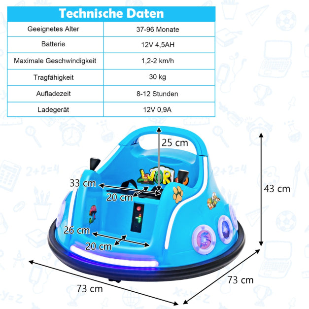 Coast Bumper Car - Rotation à 360 degrés - 12V - Musique et lumière incluses - 73x73x43cm - Bleu