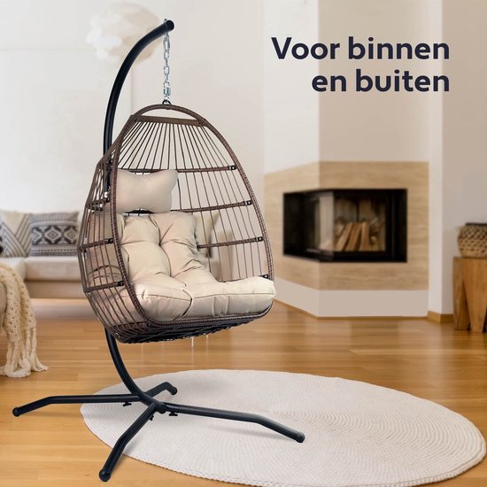Vita5 Chaise Suspendue Œuf – Pour Intérieur et Extérieur – jusqu'à 150 kg – Pliable - Incl. Support & Coussin – Chaise Cocoon - Blanc Crème