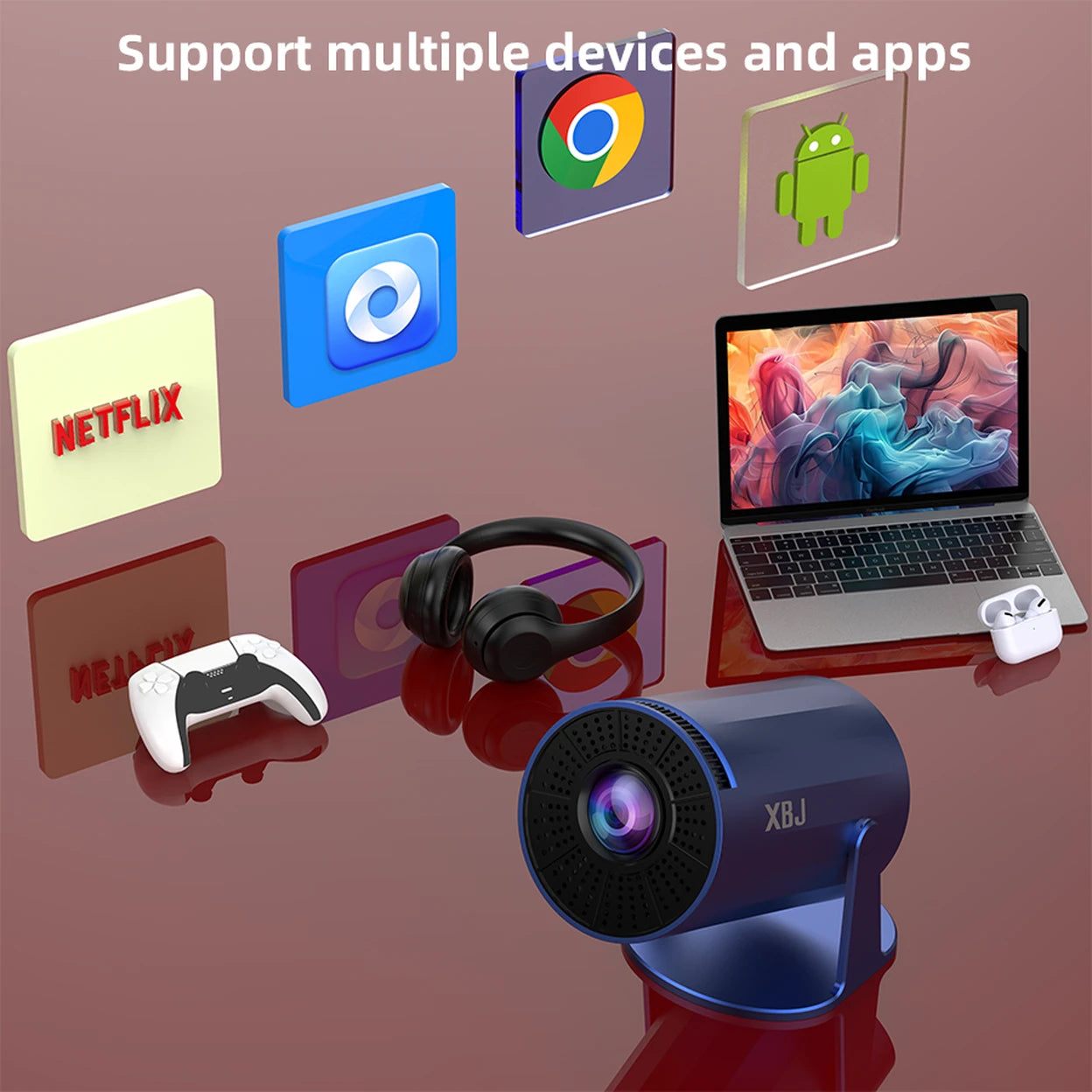 Mini-projecteur portable XBJ - Bleu - Android 11 - Wi-Fi 6 et Bluetooth 5.2 - 200 ANSI - Orientable à 180° - Taille d'image de 40 à 200 pouces - 14 x 11,9 x 21,8 cm