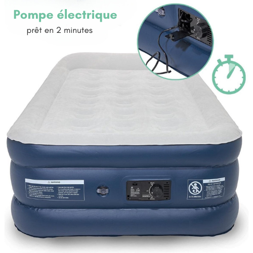 Lit gonflable 1 personne - LifeGoods - pompe intégrée - sac de transport+kit de réparation inclus - blanc-bleu