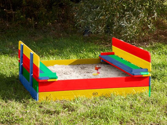 Bac à sable en bois AXI Ella aux couleurs de l'arc-en-ciel - Avec bancs et couvercle - Bois FSC - 100 x 95 x 20 cm - Bac à sable pour enfants