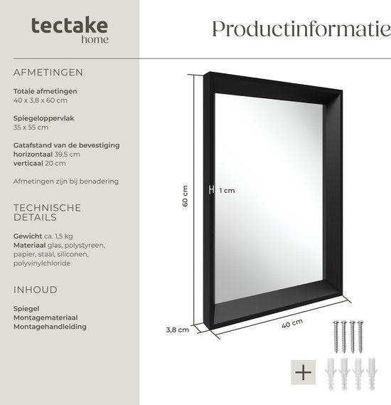 tectake® - Miroir mural Elina - Miroir de salle de bain - Miroir rectangulaire avec cadre en plastique solide - 40x60 cm - Miroir pour la salle de bain, le salon ou la chambre à coucher