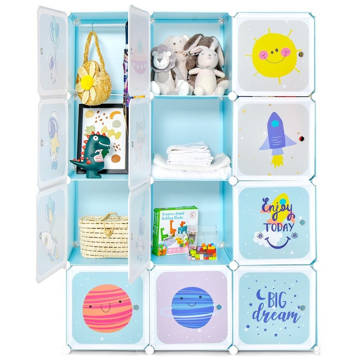 Penderie pour enfants Penderie pour bébés avec 2 sections suspendues et 12 cubes Mignonne commode de dessin animé pour chambre d'enfant Salle de jeux