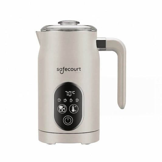 Safecourt kitchen Mousseur à lait électrique - 100% sans PFAS - Affichage et contrôle de la température - 4 en 1 - 350ml - Beige