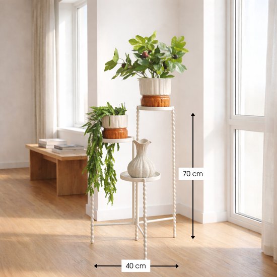 Mica Decorations Salvo - Support pour plantes d'intérieur - Tablette pour plantes d'intérieur - Support à trois étagères - 40 x 40 x 70 cm - Fer - Blanc cassé