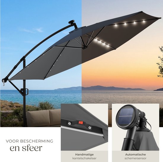 tectake® Parasol suspendu avec pied - 3,5 x 3,5 m - Parasol de jardin avec éclairage LED à énergie solaire - Orientable - Polyester hydrofuge avec protection UV - Housse incluse - Gris