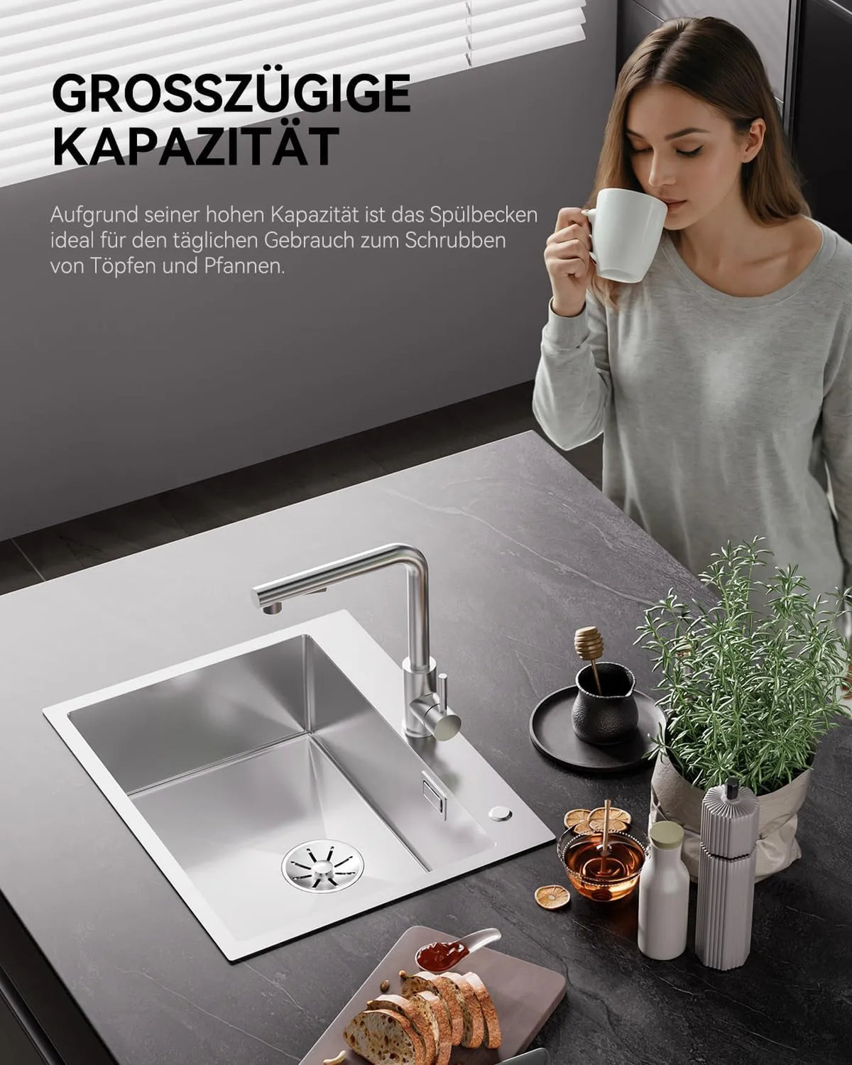 Évier Sofetiy en acier inoxydable 60 x 48 cm - Cuve simple avec siphon - Insonorisé et extra-épais (3 mm) - Acier inoxydable brossé