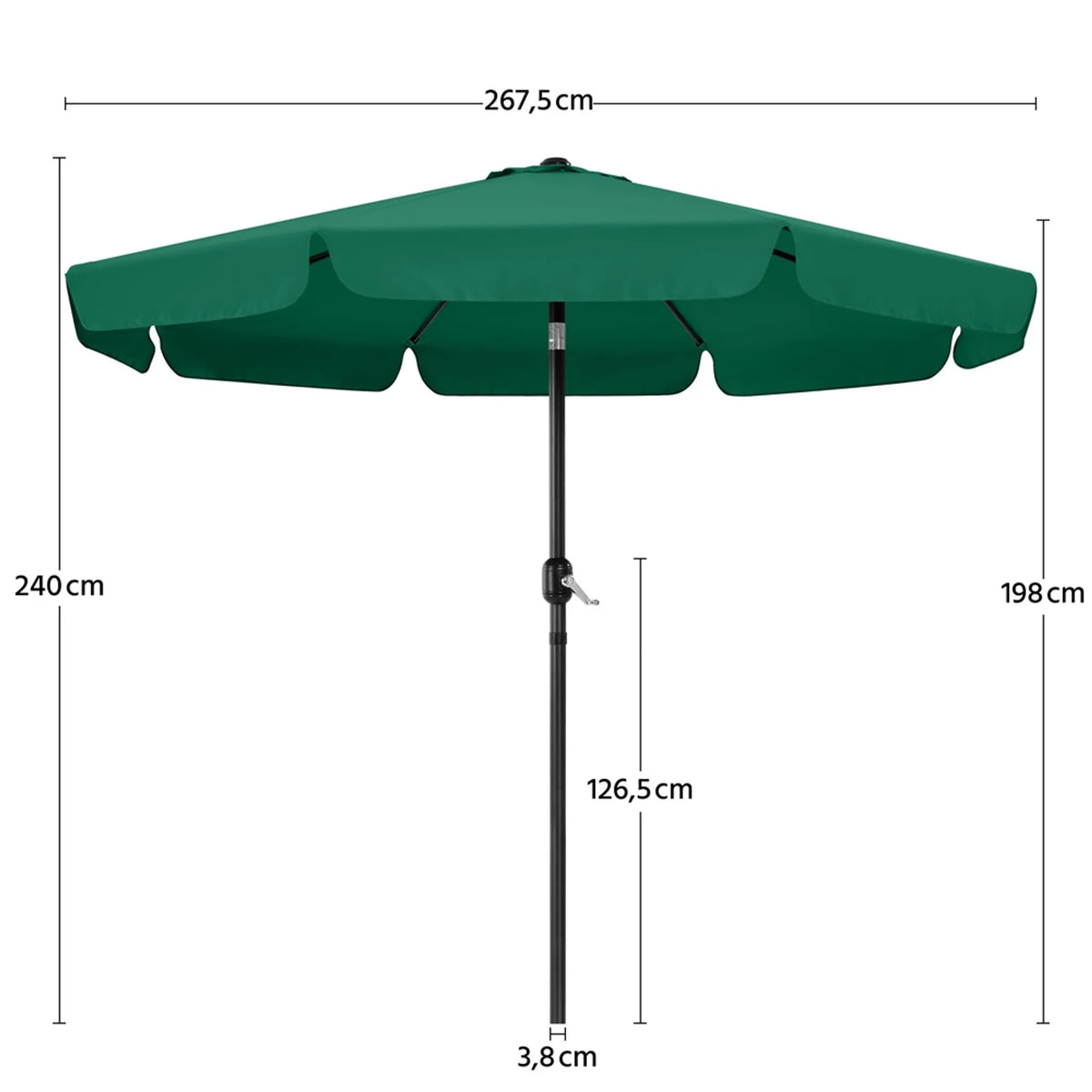 Parasol de jardin avec volant, Ø 267,5 cm, inclinable, avec 8 baleines et une ouverture d'aération, vert foncé