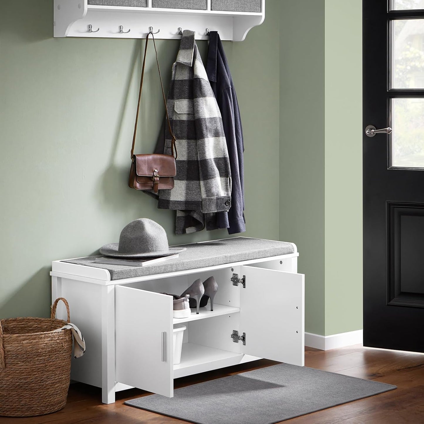 SoBuy FSR168-W Meuble à chaussures avec siège - 2 portes 2 compartiments ouverts - 105 x 35 x 51 cm - blanc