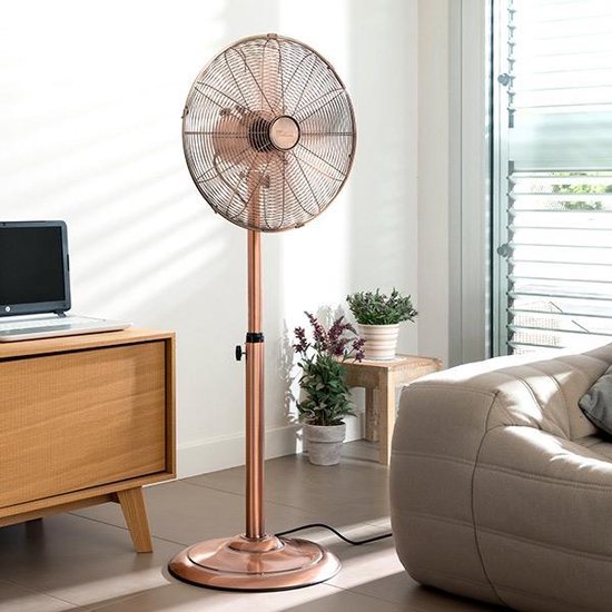 Ventilateur sur pied Tristar Retro 40 cm – 50 W – 3 vitesses – Oscillation à 85° – Réglage en hauteur – Couleur cuivre – VE-5971