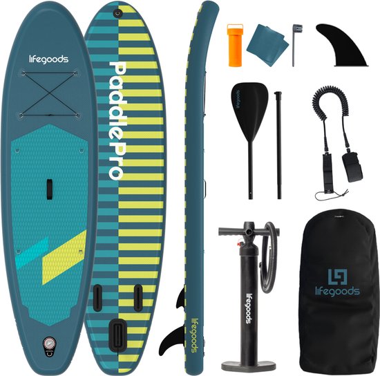LifeGoods SUP Board All-round Compact - Capacité de charge 100 KG - 300 x 76 cm - Gonflable - Ensemble complet de SUP - Cyan/Vert foncé