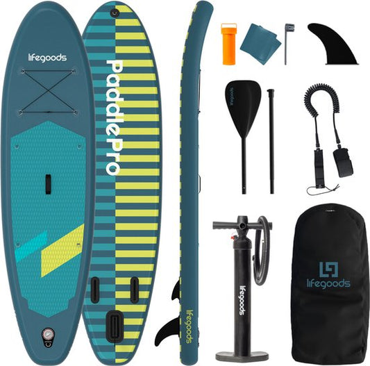 LifeGoods SUP Board All-round Compact - Capacité de charge 100 KG - 300 x 76 cm - Gonflable - Ensemble complet de SUP - Cyan/Vert foncé