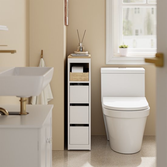 SoBuy Meuble de toilette 20 cm, meuble de salle de bain avec 3 tiroirs, petit meuble à papier toilette, étagère mobile pour salle de bain, toilettes et cuisine, blanc, 60 x 20 x 82,3 cm