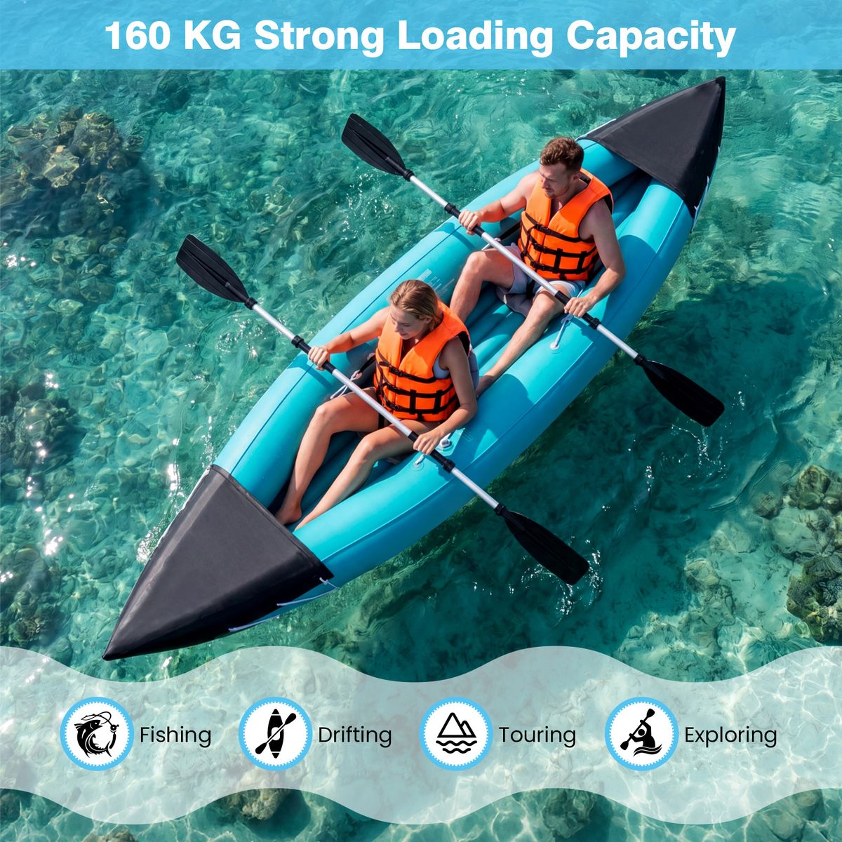 Ensemble de kayak gonflable Coast pour 2 personnes - Avec pagaies et pompe à pied - Bleu - 321 x 92 x 45 cm