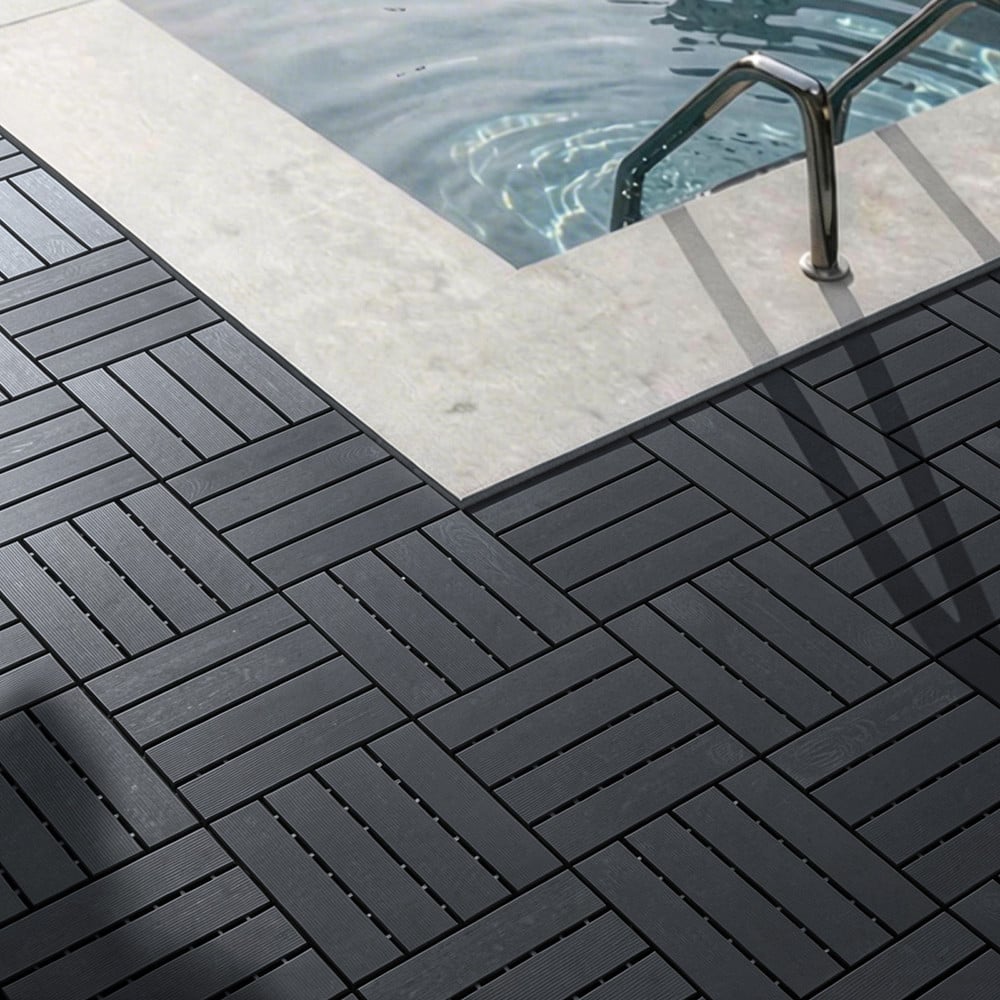 Dalles de terrasse en plastique Sobuy, noires - Système d'emboîtage - Finition imitation bois - Pour balcons et terrasses