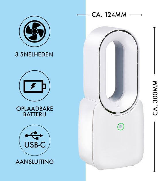 Ventilateur sans pale Lifetime Air - Ventilateur silencieux à trois vitesses - Ventilateur de bureau sans fil - Ventilateur de table avec éclairage d'ambiance LED - Rechargeable par USB-C - Design compact - 5W - Blanc
