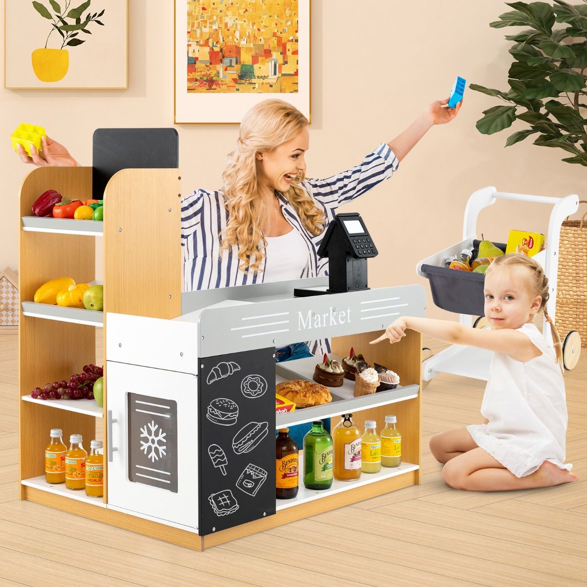 Ensemble de jeu « Coast » en bois sur le thème du supermarché pour enfants - Avec caddie et caisse - Avec tableaux noirs - Multicolore