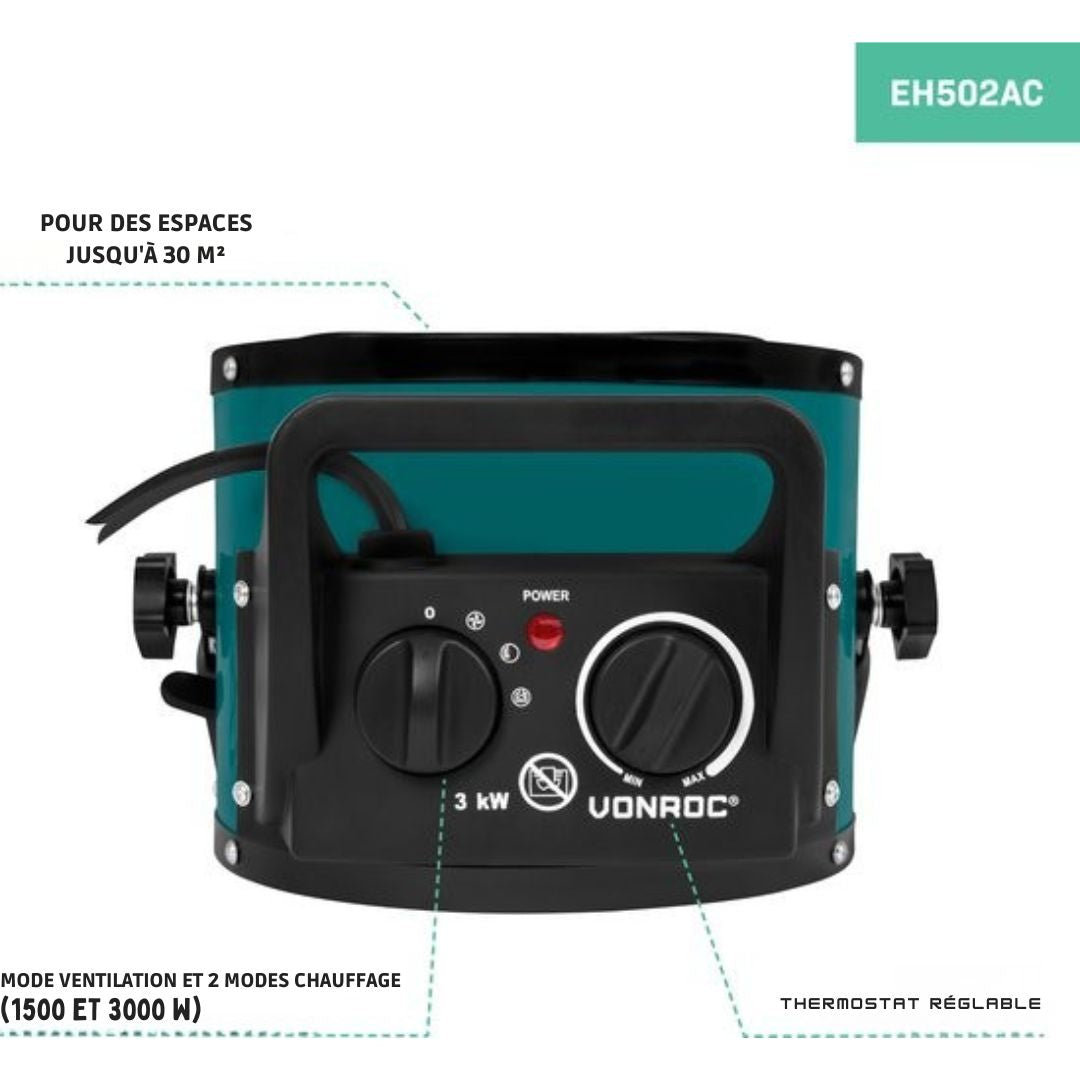 Chauffage électrique VONROC - 3000W - 3 réglages - élément en céramique - pour les pièces jusqu'à 30 m2 - vert/noir