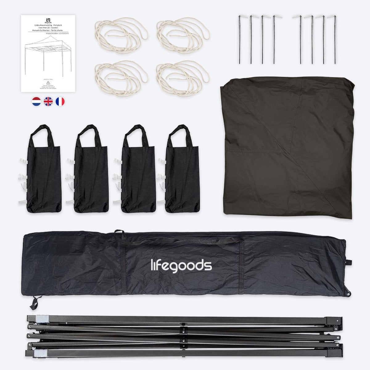 Tonnelle de jardin - LifeGoods - Pliable - Etanche - Sac de transport à roulettes - 3x3 m - Anthracite