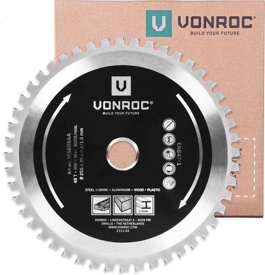VONROC Lame de scie multi-matériaux - 255 x 30mm - 48 dents - Pour bois, aluminium, plastique et acier - Pour MS507AC