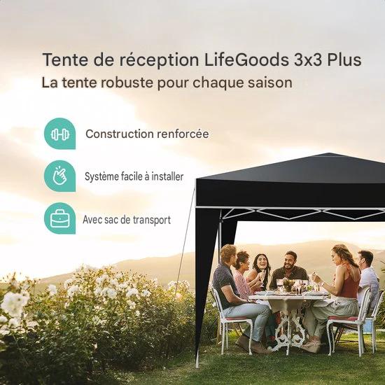 LifeGoods Party Tent Plus - Tente pliante - 3x3m - Montage facile - Armature renforcée - Imperméable - Sac de transport - Noir