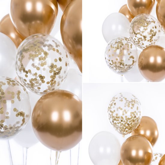 Partizzle 50x Ballons Blancs et Dorés - Convient à l'hélium - Confettis en papier - Nouvel An / Nouvelle Année - Mariage, Décoration de l'Arche de Ballons de Noël - Latex