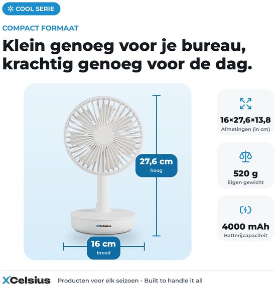 Ventilateur de table sans fil XCelsius® - Ventilateur de bureau, de table et de poste de travail - Rechargeable via USB-C - 4 vitesses - Mode oscillant - Inclinable - Utilisable pendant la recharge - Blanc
