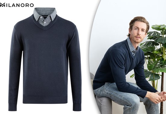 Milanoro - Pull homme à col chemise - Marine - XL
