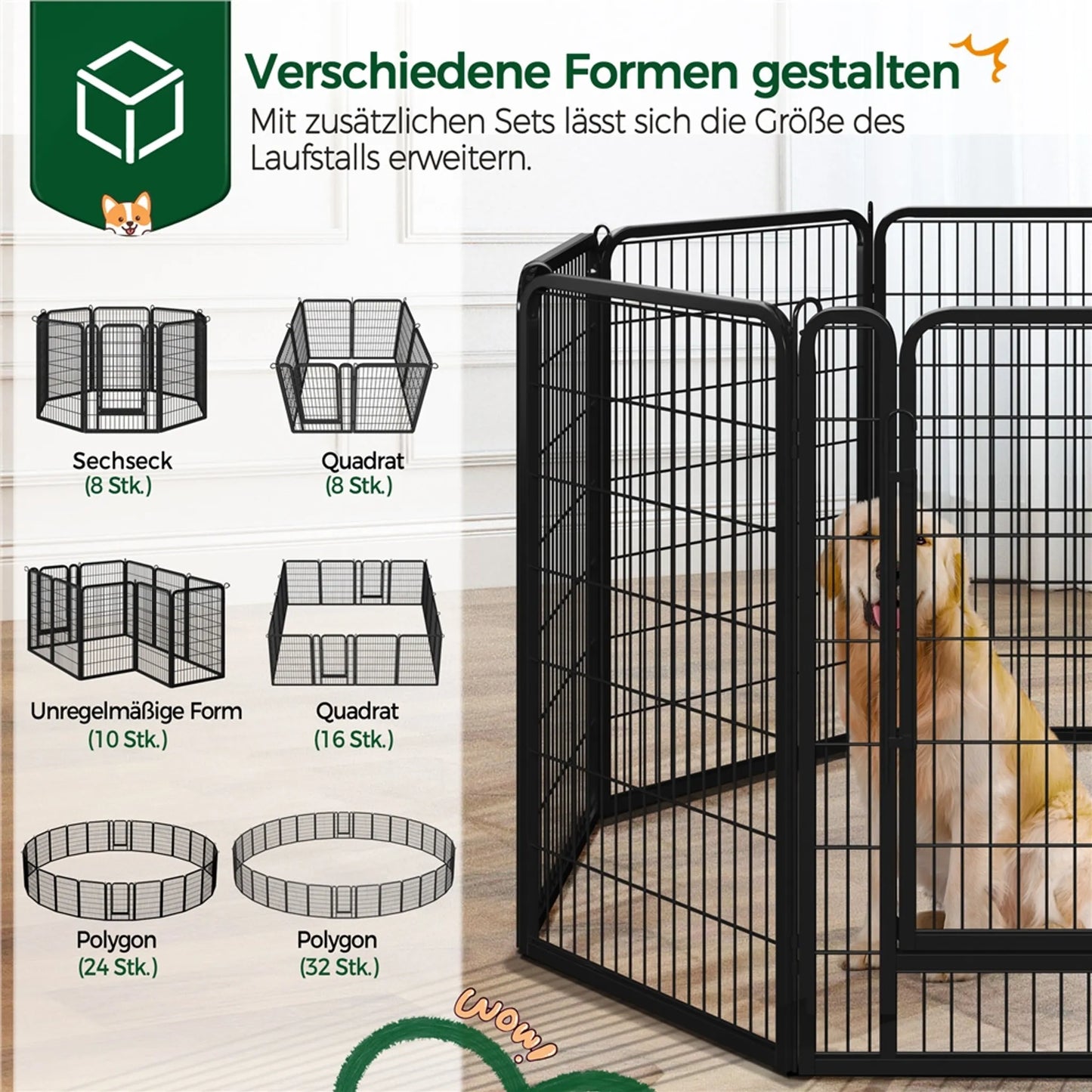 Yaheetech Parc à chiots avec 8 panneaux - équipé d'un verrouillage automatique, de 6 barres transversales par panneau et de 8 piquets de terre - pour chiens, lapins et petits animaux - métal noir - 100 x 68 x 1,5 cm par panneau