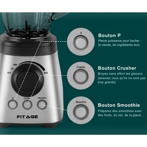 Blender - FITAGE - Blender de cuisine - 1200W et 1.9L - Gris métal