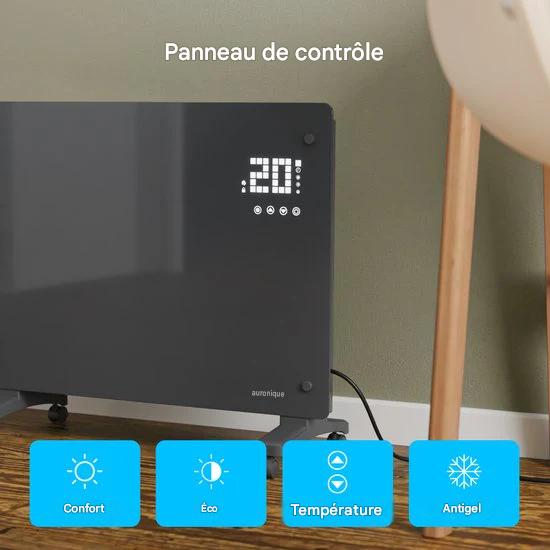 Auronic Radiateur électrique - Radiateur à convection avec thermostat et télécommande - Radiateur à panneau en verre - 1 500 W - Gris