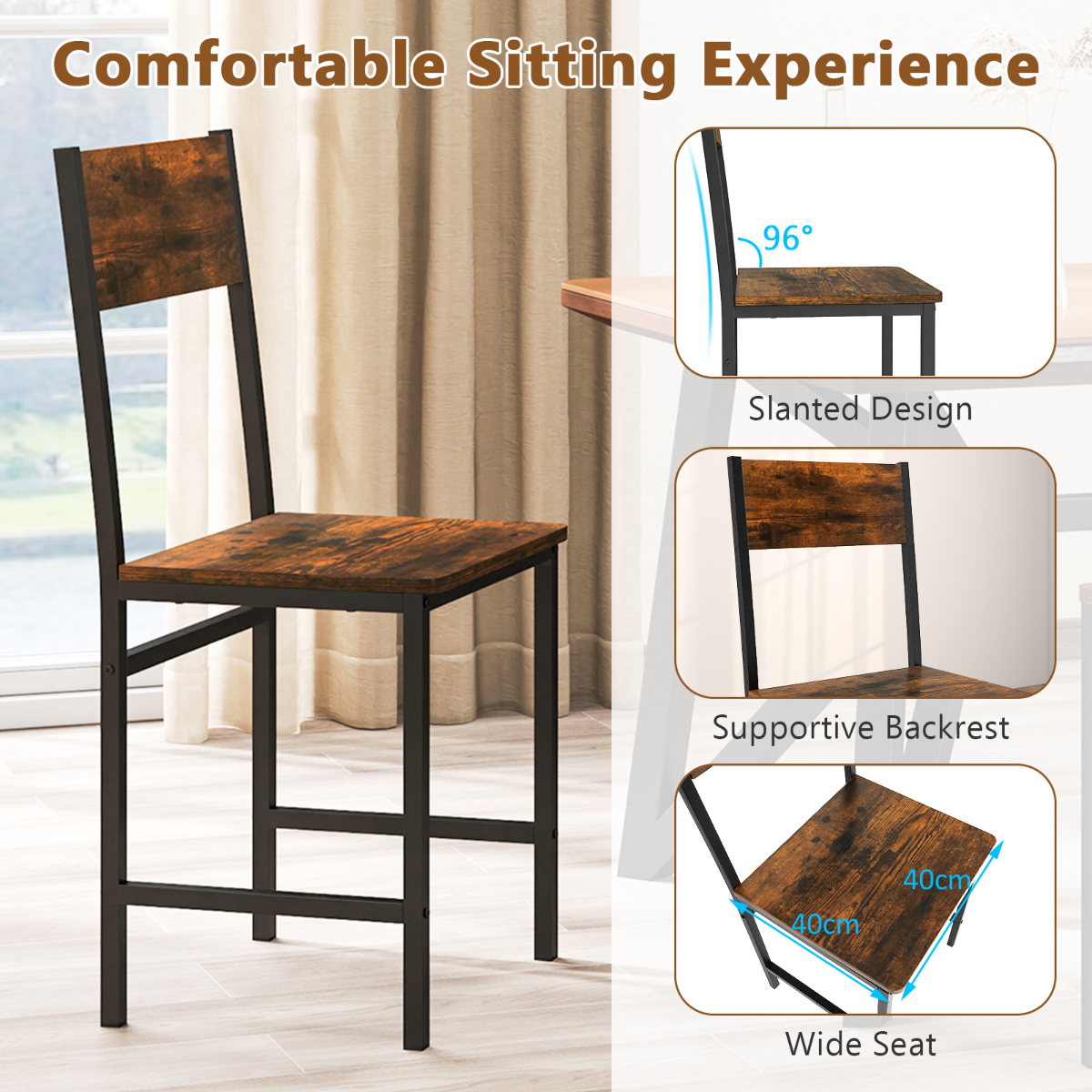 Coast Set de 2 chaises de salle à manger - brun rustique - 44 x 40 x 87 cm - pieds en métal et dossier incliné