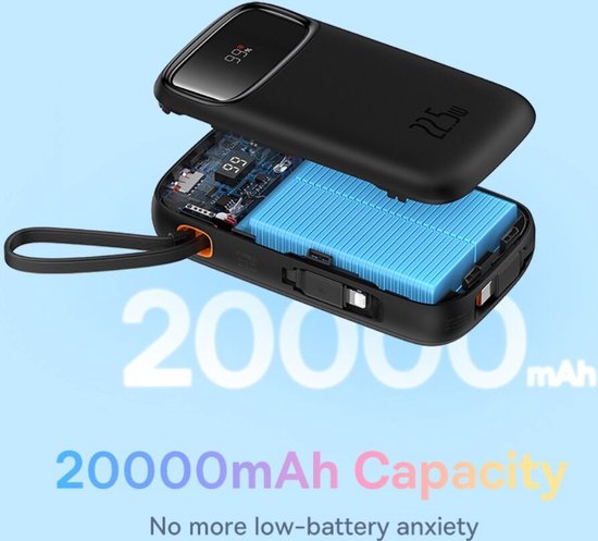 Batterie externe Baseus 10 000 mAh | Charge rapide 20 W via USB-C et USB-A | Format de voyage avec écran, noir | Batterie externe universelle compatible notamment avec Samsung et iPhone | Câbles USB-C et Lightning intégrés
