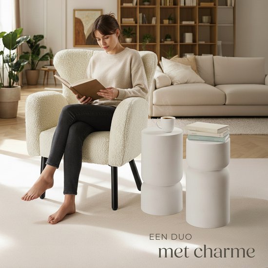tectake® Table d'appoint Amine - Ø 28 x 54,5 cm - Lot de 2 tables d'appoint - Table basse en oxyde de magnésium robuste, aspect pierre - Petite table pour le salon, la chambre ou le bureau - Capacité de charge de 15 kg par table - Protège-sol inclus
