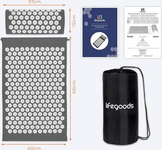 Tapis d'acupression avec coussin - LifeGoods - Tapis Shakti - 66x40x2cm - Gris/Blanc