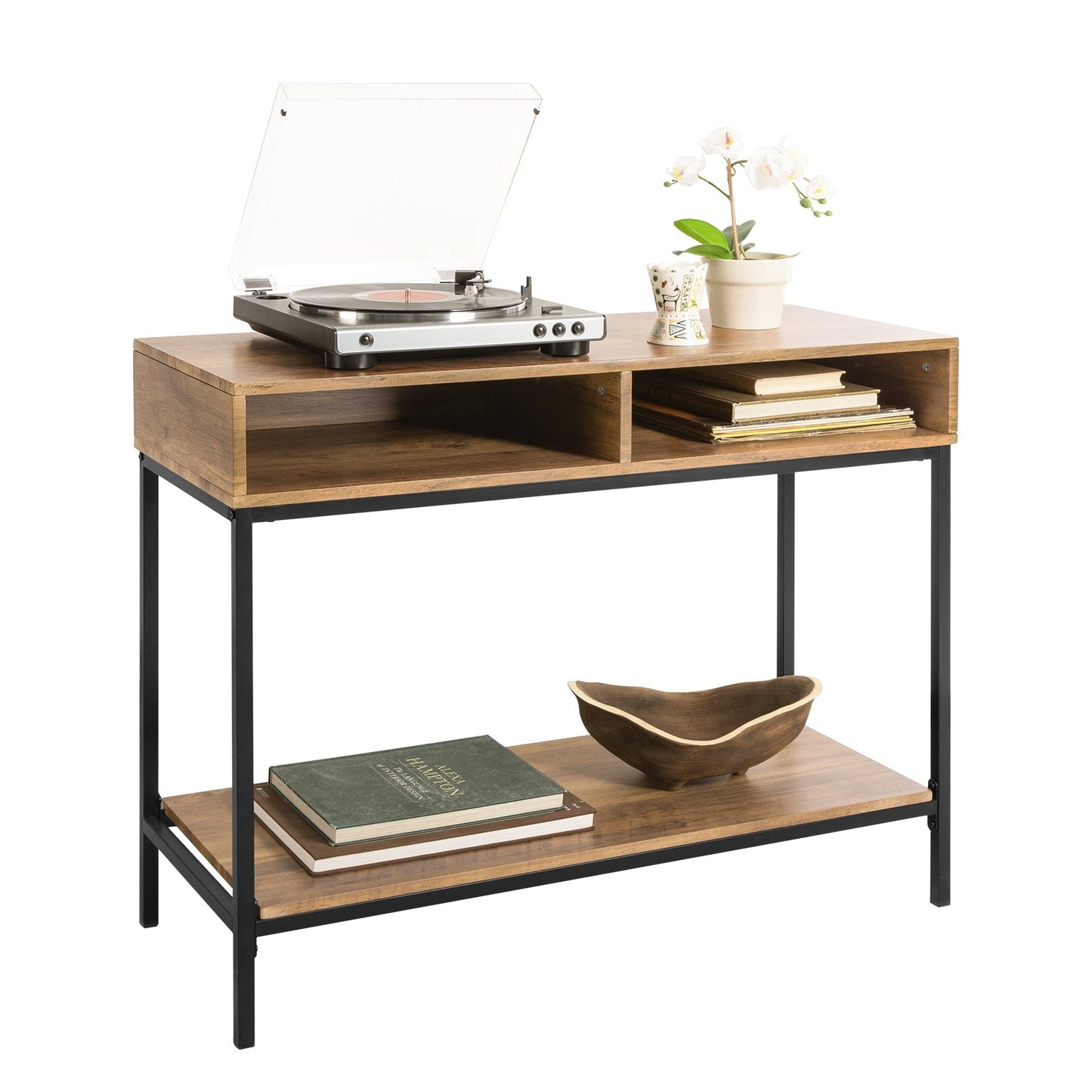 SoBuy Table d'appoint - 2 compartiments de rangement - Structure en acier - 100 x 40 x 80 cm - Bois/métal