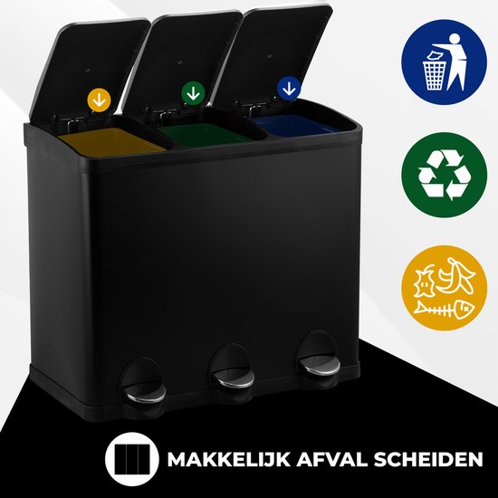 Bayt Poubelle - Poubelle 60 litres - Poubelle 60 litres - Poubelle à pédale 60 litres - Poubelle 3 compartiments - Poubelle tri sélectif - 3x 20 litres - inox - Noir