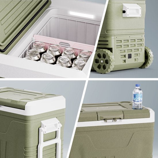 Auronic Electric Cool Box - Compresseur - 50L - 12V et 240 volts - Réfrigérateur de camping - Frigobox Car - Avec roues et poignée - Vert