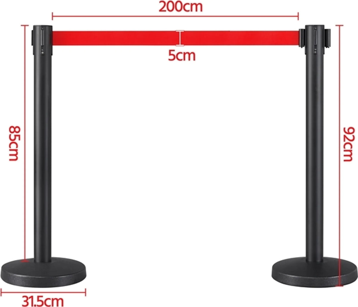 Lot de 2 poteaux de délimitation avec ruban rétractable de 200 cm et socle robuste, rouge