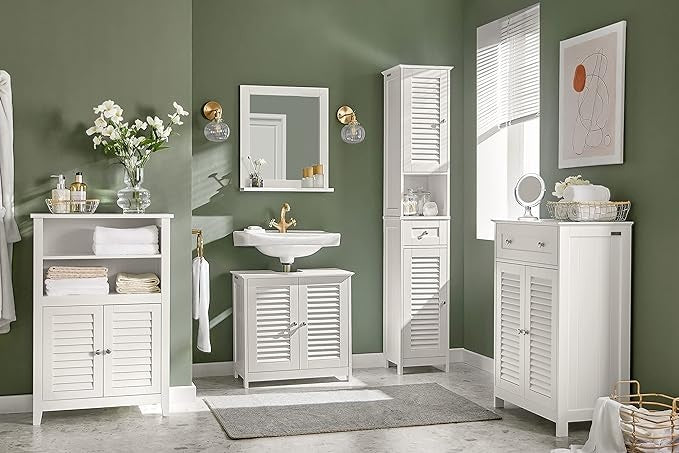 SoBuy Meuble lavabo - 2 Portes - 2 Etagères - Blanc - 60x35x58 cm - FRG237-II-W