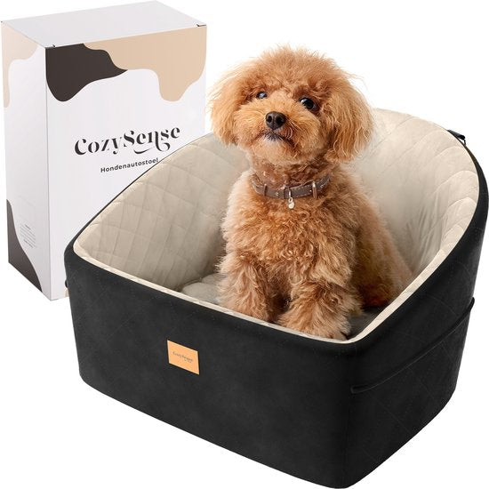 Siège auto pour chien CozySense® - Panier auto pour petit chien - Siège avant et arrière - Avec sangle de sécurité, compartiment de rangement et housse lavable - Noir/Beige